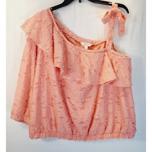 Lauren Conrad Shirt XL One Shoulder Cold Ruffle Tie Salmon Pink - Picture 2 of 9